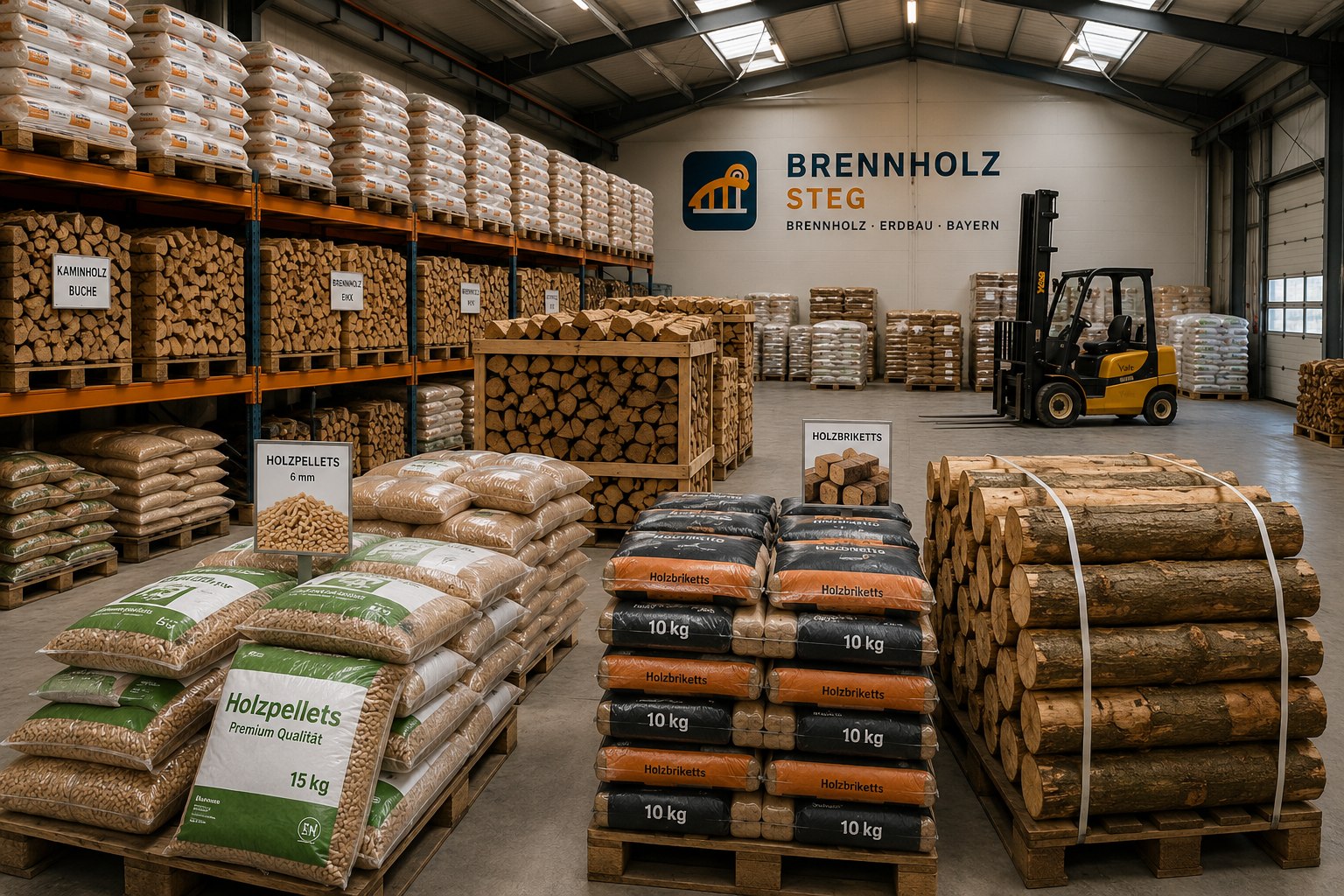 Lager von Brennholz Steg mit Brennholz, Holzpellets, Holzbriketts und Stammholz